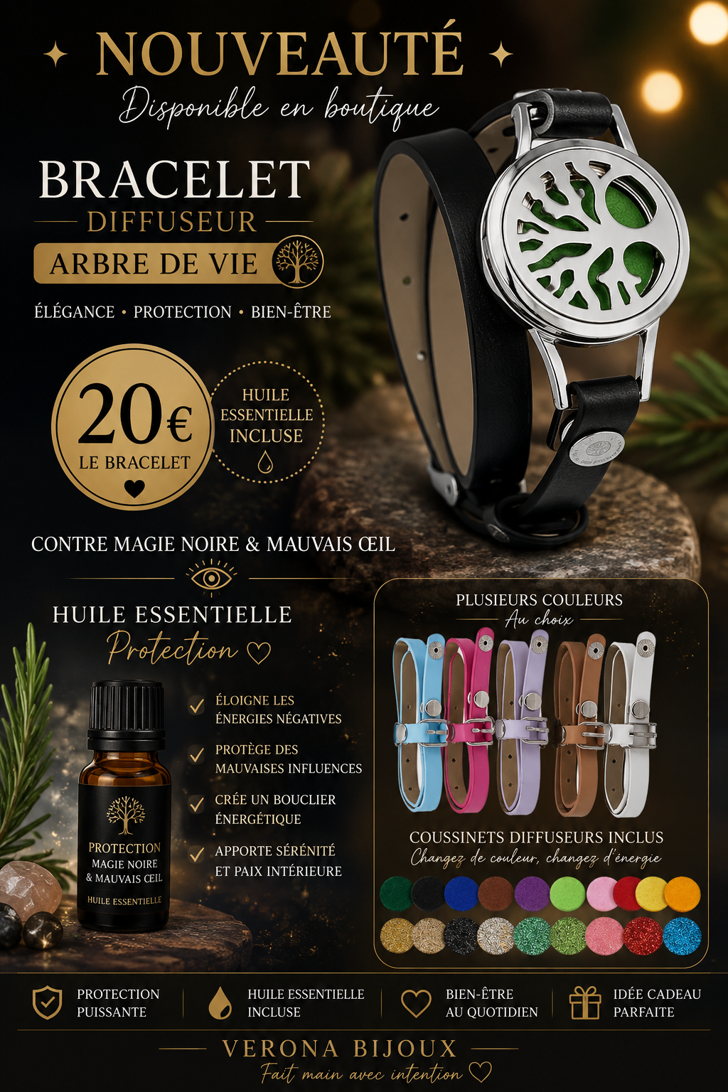 Bracelet diffuseur huile essentielle contre magie noire et mauvais œil